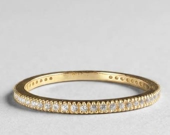 Minimalist Pave Band Ring, Dainty Silver Stacking Ring, Delicate Eternity Style Ring, Gift for Her