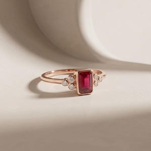 Peut inclure: Une bague en or rose orn&eacute;e d'une pierre rouge centrale taille &eacute;meraude sertie clos, entour&eacute;e de trois petits diamants ronds blancs de chaque c&ocirc;t&eacute;. L'anneau est lisse et poli, pr&eacute;sentant un design &eacute;pur&eacute; avec une pierre rouge &eacute;clatante.