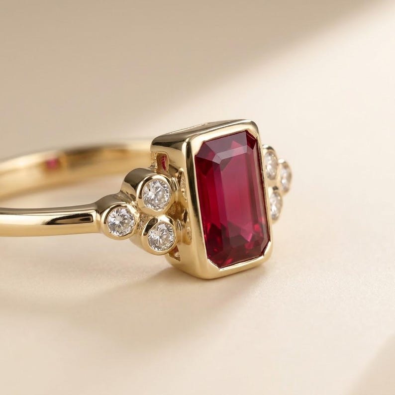 Peut inclure: Une bague en or orn&eacute;e d'une pierre rouge rectangulaire taille &eacute;meraude sertie clos. L'anneau est agr&eacute;ment&eacute; de chaque c&ocirc;t&eacute; par un groupe de trois petites pierres blanches rondes et transparentes, cr&eacute;ant un design sym&eacute;trique sur l'anneau.