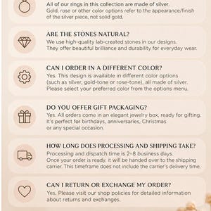 Peut inclure: Un graphique informatif intitul&eacute; BALIM JEWELRY FREQUENTLY ASKED QUESTIONS avec du texte d&eacute;taillant les mat&eacute;riaux, l'origine des pierres, les options de couleur, l'emballage cadeau, les d&eacute;lais de traitement et les politiques de retour, avec une bague dor&eacute;e.