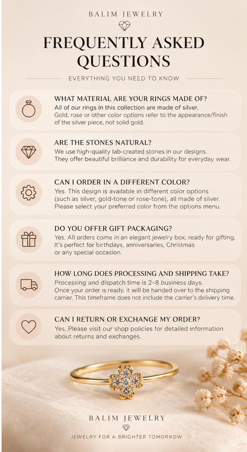 Peut inclure: Un graphique informatif intitul&eacute; BALIM JEWELRY FREQUENTLY ASKED QUESTIONS avec du texte d&eacute;taillant les mat&eacute;riaux, l'origine des pierres, les options de couleur, l'emballage cadeau, les d&eacute;lais de traitement et les politiques de retour, avec une bague dor&eacute;e.