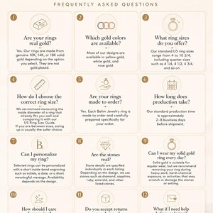 Puede incluir: Un gr&aacute;fico informativo de Balim Jewelry con doce preguntas frecuentes numeradas sobre anillos de oro, tallas, producci&oacute;n y cuidado. El texto incluye detalles sobre oro de 10K, 14K y 18K, tallas de anillo estadounidenses de 4 a 10 3/4 e instrucciones.
