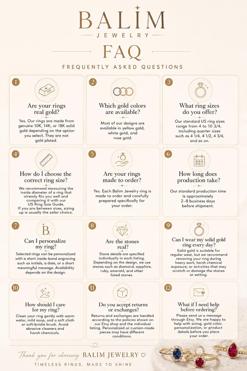 Puede incluir: Un gr&aacute;fico informativo de Balim Jewelry con doce preguntas frecuentes numeradas sobre anillos de oro, tallas, producci&oacute;n y cuidado. El texto incluye detalles sobre oro de 10K, 14K y 18K, tallas de anillo estadounidenses de 4 a 10 3/4 e instrucciones.