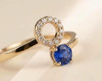 Solid Gold Sapphire Bypass Ring | Modern Halo Accent, Round Blue Stone