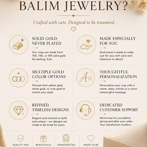 Puede incluir: Una infograf&iacute;a de Balim Jewelry que muestra un anillo de oro con una piedra clara en la parte superior y tres anillos de oro con piedras claras en la parte inferior. El texto detalla materiales de oro macizo, personalizaci&oacute;n y soporte.