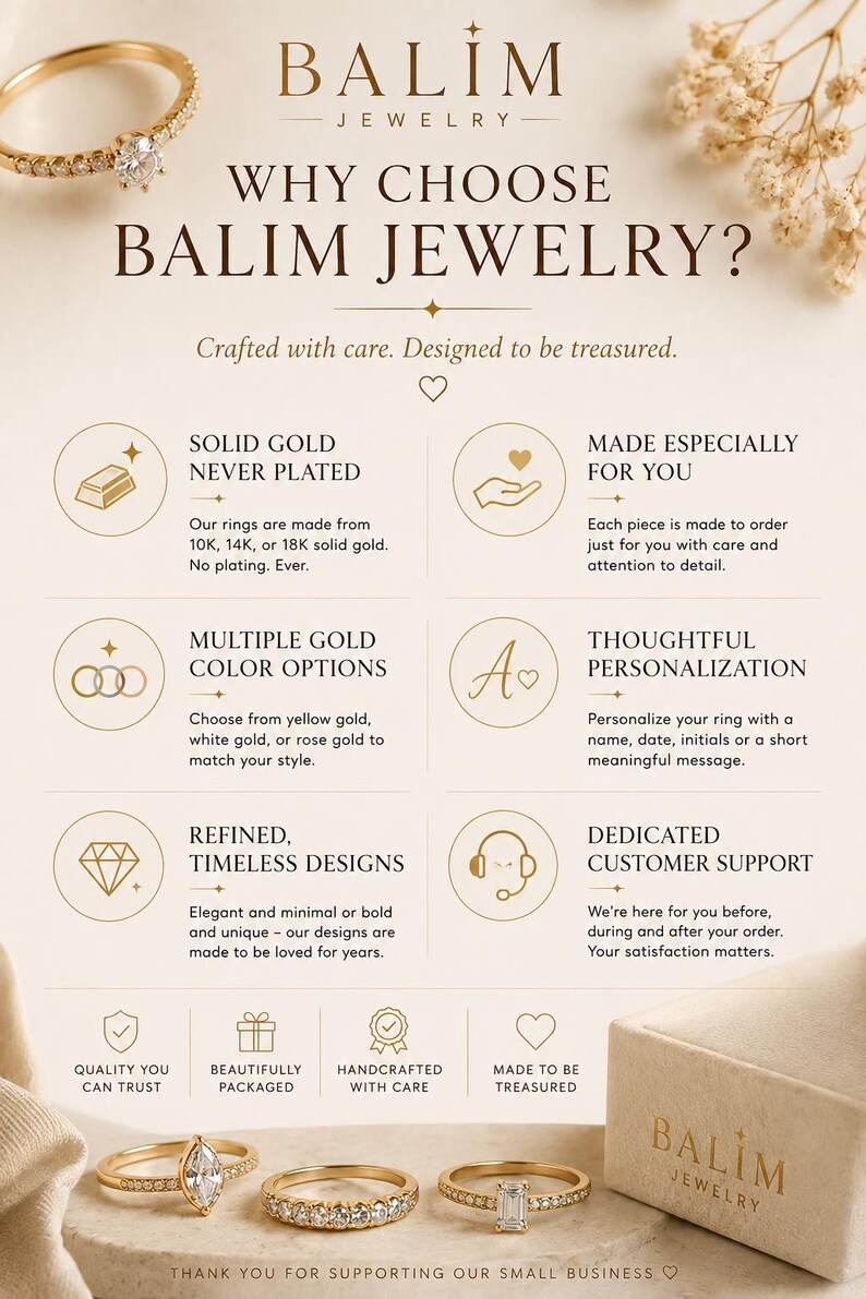 Puede incluir: Una infograf&iacute;a de Balim Jewelry que muestra un anillo de oro con una piedra clara en la parte superior y tres anillos de oro con piedras claras en la parte inferior. El texto detalla materiales de oro macizo, personalizaci&oacute;n y soporte.