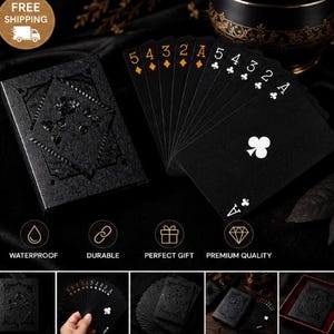 May include: A black deck of playing cards with white suit symbols and orange-colored numbers. The card box is black with an embossed floral design. The cards are waterproof, durable, and of premium quality.