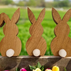 Peut inclure: Trois décorations de Pâques en forme de lapin en bois avec des queues blanches et duveteuses. Les lapins sont en bois brun clair et se tiennent sur une surface en bois. L'arrière-plan est un champ vert flou.