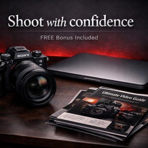 Op de afbeelding: Een zwarte Sony α6 camera met lens ligt op een houten oppervlak. Een laptop, een stapel "Ultimate Video Guide" boekjes en een lens zijn ook aanwezig. De afbeelding bevat de tekst "Shoot with confidence" en "FREE Bonus Included".