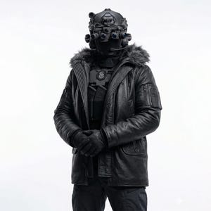 Könnte beinhalten: Eine Person in einer schwarzen Lederjacke mit Pelzkragen, Handschuhen und einem taktischen Helm mit Nachtsichtgeräten. Die Jacke hat mehrere Taschen und eine gerippte Brustpartie. Der Hintergrund ist weiß.