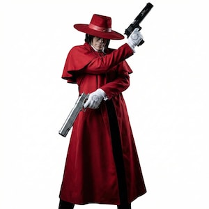 以下が含まれることがあります： 赤いコートと帽子を身につけ、黒と銀色の拳銃を2丁持った人物。星のデザインの白い手袋を着用。コートの前面には黒いストライプが入っています。