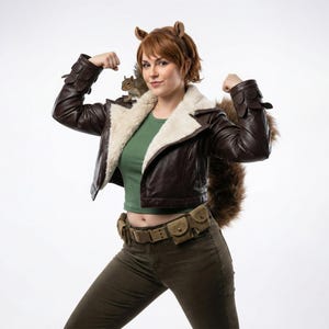 Könnte beinhalten: Braune Lederjacke mit cremefarbenem Shearling-Kragen und -Manschetten. Die Jacke wird über einem grünen Oberteil getragen und mit braunen Hosen kombiniert. Ein brauner Gürtel mit Taschen und ein Eichhörnchenschwanz sind ebenfalls sichtbar. Ein kleines Eichhörnchen sitzt auf der Schulter.