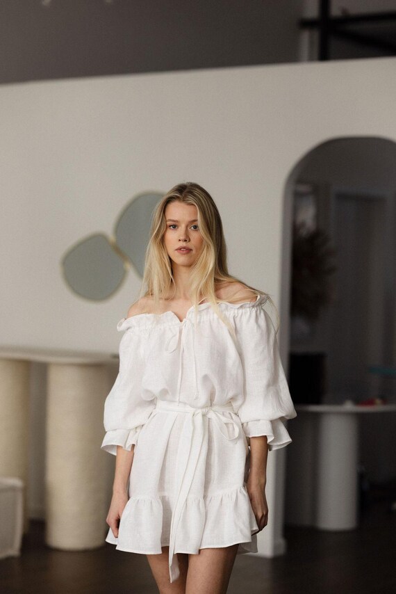 White Linen Mini Dress MOONLOVE – Off Shoulder Puff Sleeve Boho Sundress