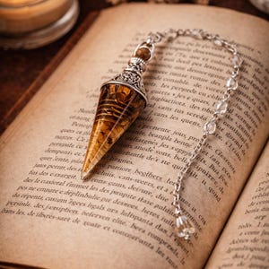 Può includere: Un pendolo con catena d'argento e punta di cristallo ambrato sfaccettato. Il pendolo è appoggiato su un libro aperto con pagine antiche, con una candela accesa sullo sfondo. Oggetto per la divinazione.