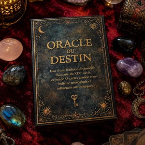 Op de afbeelding: Een rechthoekige kaartendoos met de titel Oracle du Destin, voorzien van donkerblauwe en gouden ornamenten, een halve maan, een zon en een sleutel. De tekst luidt: Issu d'une tradition divinatoire francaise du XIXe siecle, ce jeu de 53 cartes associe symbolisme tarologique et influences astrologiques.