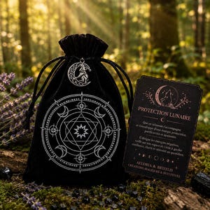 Peut inclure: Un sac en velours noir avec cordon de serrage, orné d'un pendentif argenté et d'une carte. Le sac présente un motif géométrique avec des lunes et des étoiles. La carte affiche le texte "PROTECTION LUNAIRE" et une illustration de loup.