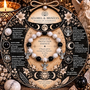 Peut inclure: Un bracelet de perles en howlite blanche et agate noire avec des breloques anges argentées, présenté sur une carte circulaire titrée Aéloria & Brisélys. La carte comporte des illustrations célestes, des phases lunaires et des textes descriptifs.
