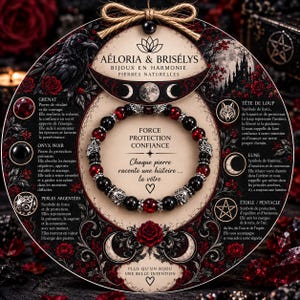 May include: A circular display card featuring Aéloria & Brisélys branding, a moon phase graphic, and text in French. A beaded bracelet with alternating black and red stones and silver-toned metal wolf-head accents is centered on the card.