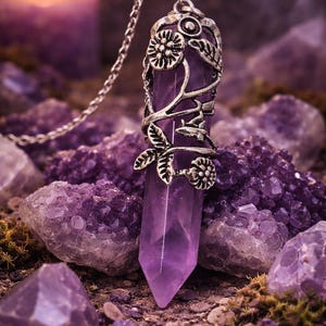 May include: A purple crystal pendant with silver-colored floral accents hangs from a chain. The pendant is surrounded by amethyst crystals and moss. A lit candle is in the background, creating a mystical aesthetic.
