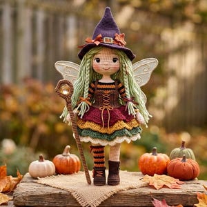 Puede incluir: Muñeca de ganchillo hecha a mano vestida de hada bruja, con sombrero morado y vestido colorido. La muñeca tiene pelo verde y alas, sosteniendo un bastón. Calabazas y hojas de otoño rodean la muñeca.