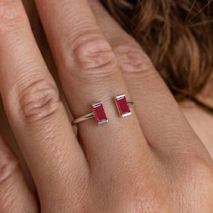 Natural Ruby Toi Et Moi Birthstone Ring, Open Cuff Ring, Minimalist Statement Ring, Geometric Ring, Silver Ring for Her, Bridal Jewelry Gift