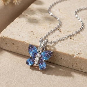 Alexandrite Butterfly Pendant Necklace in 925 Sterling Silver with Diamond Accent, June Birthstone Gift for Women Handmade Jewelry image 1