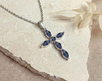 Alexandrite Cross Pendant in 925 Sterling Silver Drop Necklace, June Birthstone Handmade Jewelry Gift for Women Faith Charm