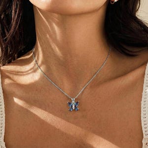 May include: A silver necklace with a butterfly pendant. The butterfly pendant features blue and white gemstones. The necklace is worn around the neck.