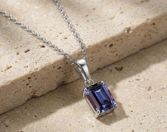 Alexandrite Necklace Emerald Cut Gold Pendant, June Birthstone Jewelry, Color-Changing Gemstone Necklace Gift for Her Women