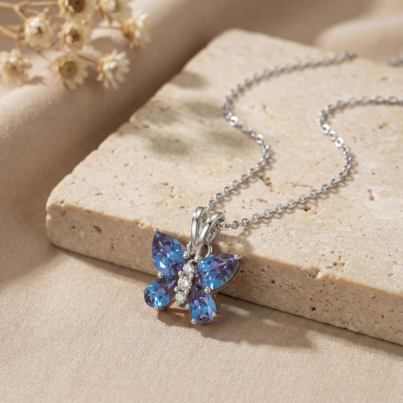 Alexandrite Butterfly Pendant Necklace in 925 Sterling Silver with Diamond Accent, June Birthstone Gift for Women Handmade Jewelry image 1