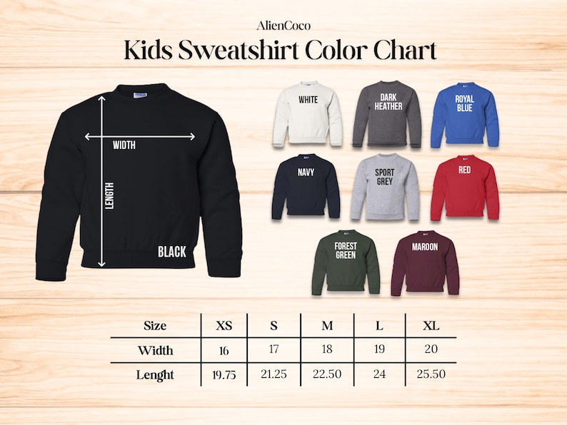 K&ouml;nnte beinhalten: Eine Farbkarte f&uuml;r Kinder-Sweatshirts mit einem schwarzen Sweatshirt mit Breiten- und L&auml;ngenma&szlig;en. Die Karte zeigt verschiedene Farben: Wei&szlig;, Dunkelgrau, K&ouml;nigsblau, Marine, Sportgrau, Rot, Waldgr&uuml;n und Bordeaux. Gr&ouml;&szlig;en XS bis XL sind aufgef&uuml;hrt.