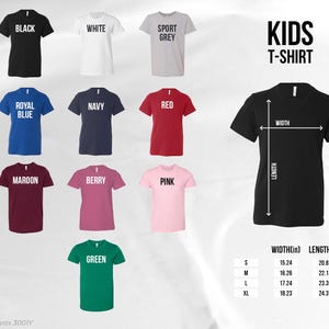 May include: A selection of kids' t-shirts in various colors, including black, white, and royal blue. Each shirt displays its color name in white text. The image also includes size and measurement details in inches for each shirt size.