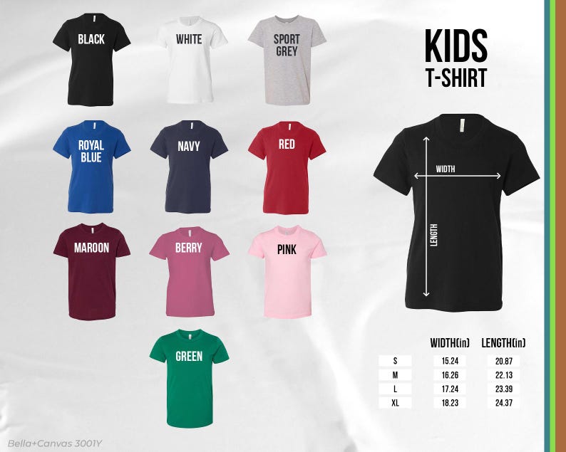 May include: A selection of kids' t-shirts in various colors, including black, white, and royal blue. Each shirt displays its color name in white text. The image also includes size and measurement details in inches for each shirt size.