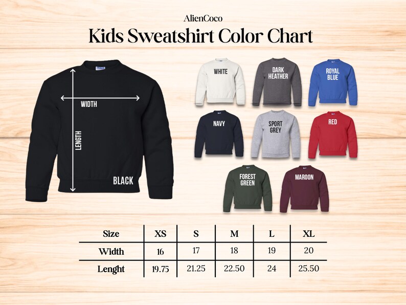 K&ouml;nnte beinhalten: Eine Farbkarte f&uuml;r Kinder-Sweatshirts mit einem schwarzen Sweatshirt mit Breiten- und L&auml;ngenma&szlig;en. Die Karte zeigt verschiedene Farben: Wei&szlig;, Dunkelgrau, K&ouml;nigsblau, Marine, Sportgrau, Rot, Waldgr&uuml;n und Bordeaux. Gr&ouml;&szlig;en XS bis XL sind aufgef&uuml;hrt.