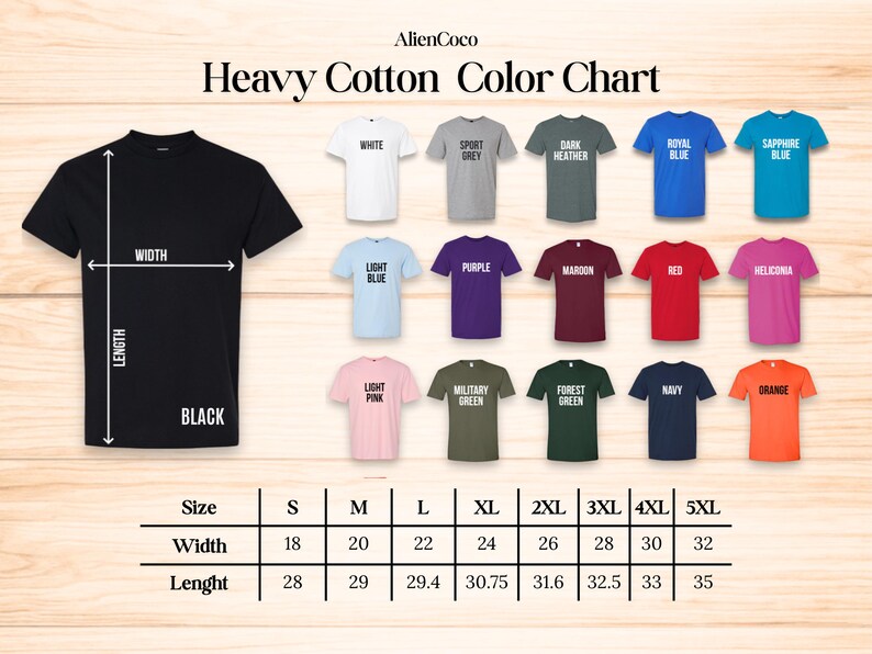 K&ouml;nnte beinhalten: Farbkarte f&uuml;r Heavy Cotton T-Shirts. Das Bild zeigt ein schwarzes T-Shirt mit Ma&szlig;en und einer Reihe von Farben: Wei&szlig;, Sportgrau, Dunkelgrau, K&ouml;nigsblau, Saphirblau, Hellblau, Lila, Weinrot, Rot, usw.