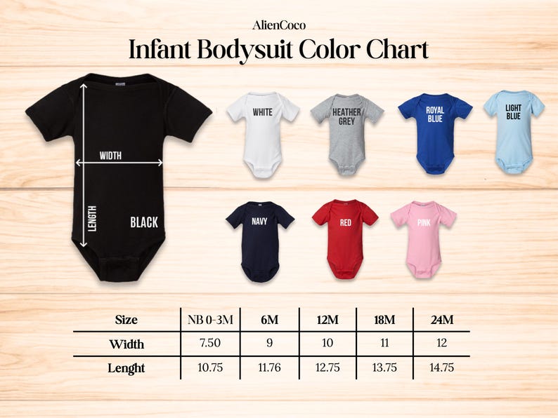 K&ouml;nnte beinhalten: Farbtabelle f&uuml;r Baby-Bodysuits mit einem schwarzen Body und Farbmustern in Wei&szlig;, Hellgrau, K&ouml;nigsblau, Hellblau, Marine, Rot und Rosa. Die Tabelle enth&auml;lt Gr&ouml;&szlig;en- und Ma&szlig;angaben in cm.