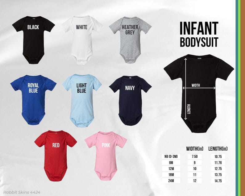 May include: A collection of infant bodysuits in various colors, including black, white, heather grey, royal blue, light blue, navy, red, and pink. Each bodysuit has a short sleeve design. The image also includes a size chart with width and length measurements in inches.