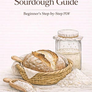 Könnte beinhalten: Illustration eines Sauerteig-Brot-Ratgebers. Ein Brot liegt in einem Weidenkorb mit einem hölzernen Löffel Mehl. Ein Glas Anstellgut und ein Haufen Mehl sind ebenfalls abgebildet. Der Text lautet "Sourdough Guide" und "Beginner's Step-by-Step PDF".