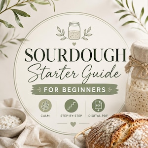 Pode incluir: Imagem de um guia para iniciantes sobre pão de massa madre. O texto "SOURDOUGH Starter Guide FOR BEGINNERS" está num design circular. A imagem inclui um pão, uma tigela de farinha e um frasco. Os ícones indicam "CALM", "STEP-BY-STEP" e "DIGITAL PDF".