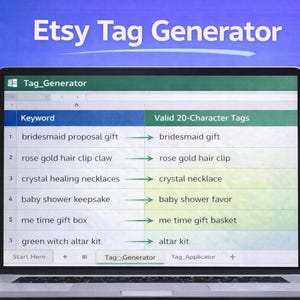 May include: A laptop screen displays the text "Etsy Tag Generator" and a spreadsheet with keywords and valid 20-character tags. Keywords include "bridesmaid proposal gift" and "rose gold hair clip claw."