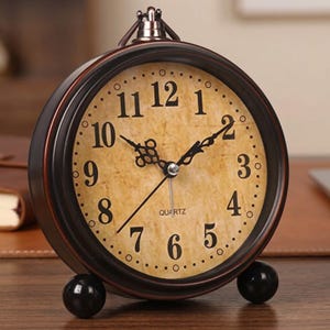 Puede incluir: Un reloj despertador de cuarzo de estilo vintage con una estructura de metal marrón y una esfera de color crema. El reloj tiene números negros, manecillas y una pequeña etiqueta "QUARTZ". Tiene dos pies esféricos negros y una parte superior decorativa.