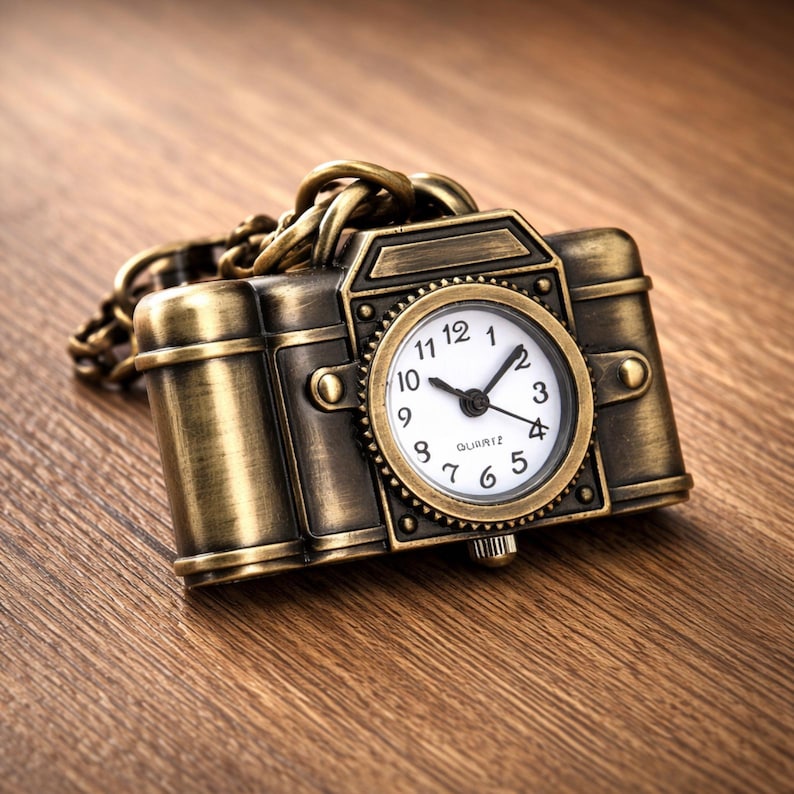May include: A vintage-style pocket watch shaped like a camera, with a bronze finish and a chain. The watch face is white with black numerals and hands, and the word "QUARTZ" is printed at the bottom.