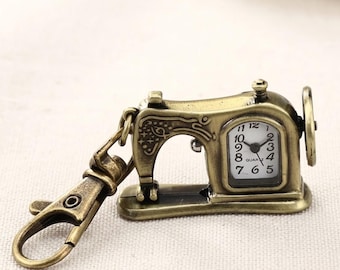 Llavero con reloj de bolsillo con máquina de coser, colgante de reloj de cuarzo de bronce vintage, regalo