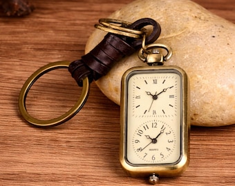 Pocket Watch Keychain,  Vintage Bronze Double Dial Quartz Watch Pendant, Retro Gift