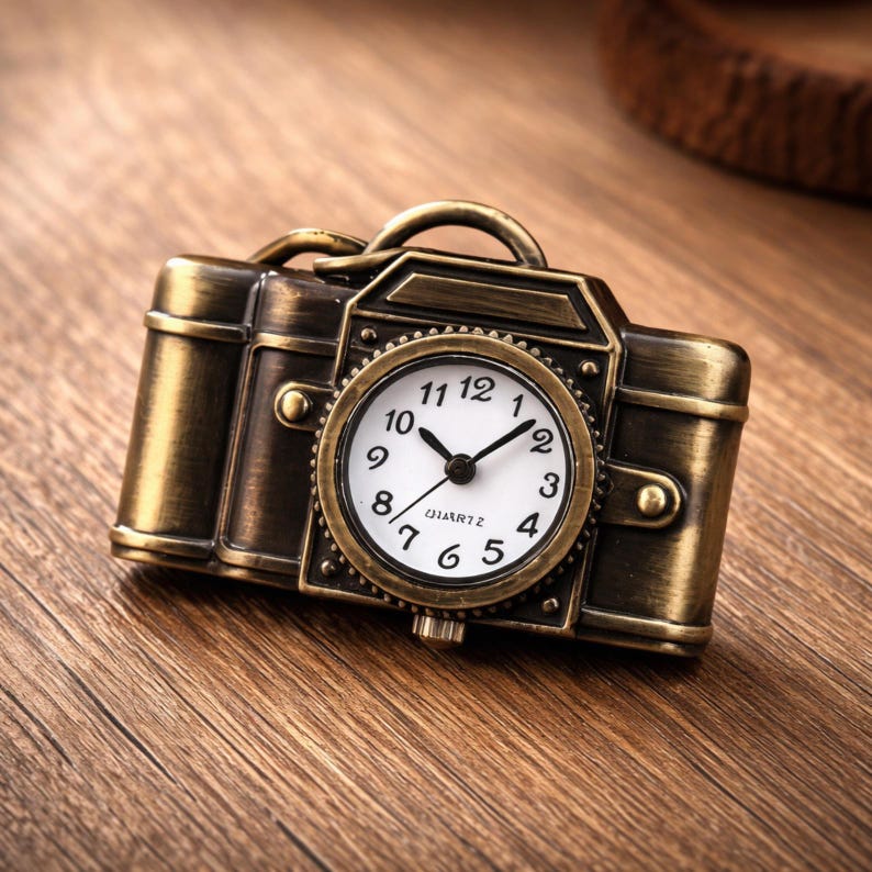 May include: A vintage-style clock shaped like a camera, with a bronze finish. The clock face is white with black numerals and hands, and the word "QUARTZ" is printed at the bottom. The clock has a handle on top.