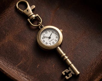 Vintage Pocket Watch Keychain, Bronze Quartz Watch Pendant, Antique Style Gift