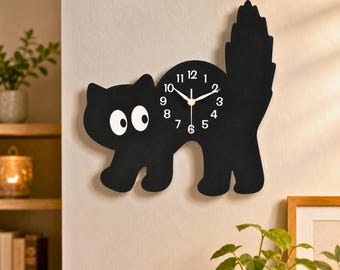 黒猫の壁掛け時計、動物モチーフの木製壁掛けアート、ペット時計