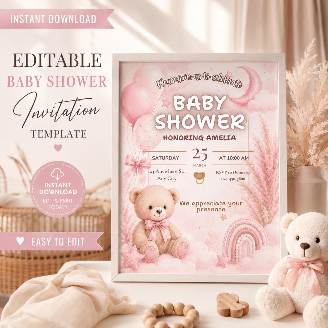 Pink Teddy Bear Baby Shower Invitation, Editable Coquette Girl Party ...