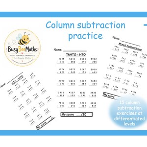 Column Subtraction Practice | 15 Practice sheets at sequential levels getting progressively more challenging
