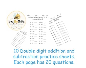 10 double digit addition and subtraction printables | 20 questions per page (PDF download)